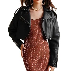 Womens Studded Leather <b>Jacket</b> <b>Punk</b> Biker Black Motorcycle <b>Jacket</b> Genuine PU Leather OEM Custom Wholesale Factory - Product Image 3