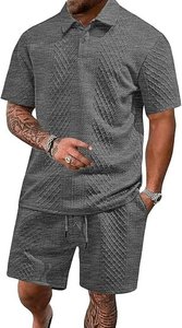 Men's Gray <b>Geometric</b> Knitted Polo <b>Shirt</b> And Pants Set Casual Summer Breathable Outfit - Product Image 4