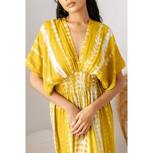 Vestido Largo Amarillo Tie Dye para Mujer, Cuello en V Profundo, Estilo Boho Kaftan, Vestido Largo de Playa para Verano - Product Image 3