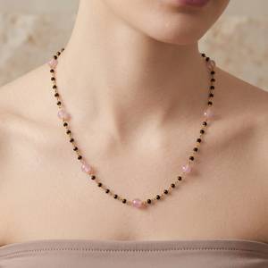 Collier personnalisé plaqué rhodium avec perles rondes en quartz rose et spinelle noire, chaîne en câble, bijoux de luxe pour femme, mariée ou usage quotidien - Product Image 1