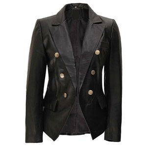 Women's Black Genuine Lambskin <b>Leather</b> <b>Blazer</b> Double-Breasted Slim Fit <b>Jacket</b> Custom Fashion Coat 2026 - Product Image 3