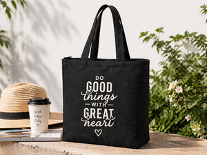 Sac fourre-tout en toile imprimé « Faites des choses bien faites avec un grand cœur », fermeture éclair, noir, sac de courses réutilisable - Product Image 4