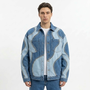 Veste en jean dégradé teint par immersion pour homme, bleu clair, délavé, en coton, col ouvert, respirante et confortable - Product Image 3