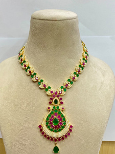 RAY FINE ORNATES <b>Ruby</b> Pearl Imitation Long <b>Necklace</b> Set 22K Gold Plated Vintage Bridal Jewelry Traditional Indian Wedding - Product Image 3