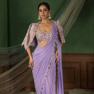 Conjunto de Saree Tradicional de Seda Listo para Usar 2026 con Chaqueta Bordada Estilo Indo-Occidental para Mujer, Colección de Boda de Verano Sin Arrugas - Product Image 1