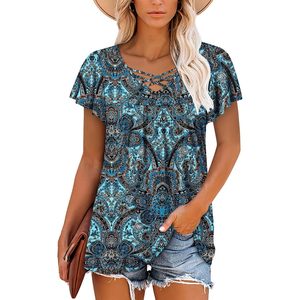 2025 Top bohemio fluido para mujer, blusa de verano con cuello en V, Túnica de manga corta, Tops en azul con vientre oculto, talla XL - Product Image 4
