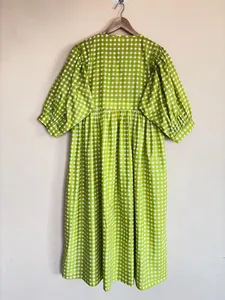Women's Green Handprint Cotton Midi <b>Dress</b> With Tie-Neck And Short Puff Sleeve <b>Boho</b> <b>Summer</b> <b>Dress</b> - Product Image 2