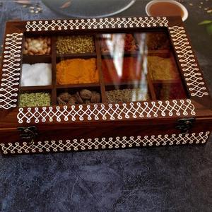 Wooden Spice <b>Box</b> with Glass Lid | Indian Masala Organizer | Multi Compartment Kitchen Spice Storage Container | <b>Herb</b> Holder - Product Image 1