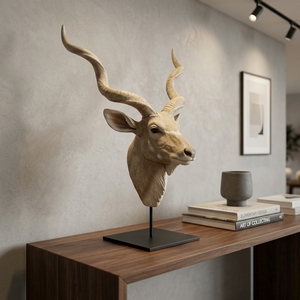 Buffalo Suge Stand Handcrafted <b>Wooden</b> Animal Head Sculpture <b>Rustic</b> Tribal Tabletop Decorative Artwork Metal Stand Home Decor - Product Image 5