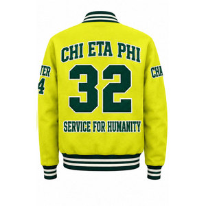 เสื้อแจ็คเก็ตบอมเบอร์แบบกลับด้านได้ ยี่ห้อ Chi Eta Phi สำหรับผู้ชาย สีเขียวลายจุดสีเหลือง พิมพ์ลายแบบ Sublimation สไตล์ Varsity ลำลอง ใส่ได้ในฤดูใบไม้ร่วง - Product Image 6