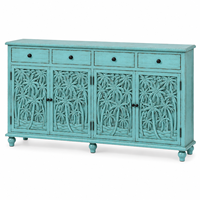 Buffet de rangement artisanal sur mesure en bois de manguier massif sculpté en forme de palmier, éco-responsable, de style traditionnel et antique, avec turquoise, 4 compartiments