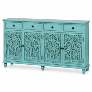 Custom Handcrafted Eco-Friendly Antique Turquoise Solid Mango Wood Palm Tree Carved <b>Sideboard</b> <b>Storage</b> Cabinet 4 Drawers 4 Doors - Product Image 1