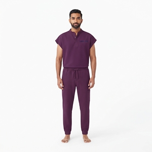 Men Medical Scrub Set <b>Purple</b> Cotton Polyester Knitted Hospital Uniform Pants Short Sleeve Top - Product Image 1