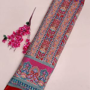 Tissu Crêpe Rouge Cramoisi AMBICA PRINT 54 Pouces Léger avec Broderie Florale Paisley à Paillettes Turquoise et Bordure Daman Ethnique - Product Image 1