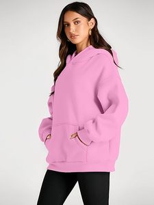 Pink <b>Sherpa</b> Fleece Pullover <b>Hoodie</b> Oversized Drop Shoulder Hooded Sweatshirt for Women - Product Image 4