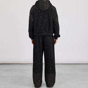 Custom Streetwear Cotton Rhinestone Distressed Print logo Black Flared Sweatsuit Men's Two Pieces Hoodies and <b>Sweatpants</b> <b>sets</b> - Product Image 2
