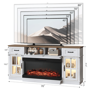 Mobile TV Stile Rustico da 36 Pollici con Caminetto, Top Marrone, Mobile Bianco Lavato, 2 Ante, 2 Cassetti, 1 Ripiano, Luci RGB, Console Multimediale - Product Image 4