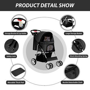 TH-PPS-526 Compact Four Wheel Pet Stroller with Quick Release Wheels Breathable Mesh Panels and Storage <b>Basket</b> - Product Image 4