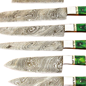 Ensemble de 7 couteaux de chef en acier Damas faits à la main avec manches en bois vert, couteaux professionnels de cuisine pour trancher, hacher et couper - Product Image 6