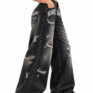 <b>Women</b> Denim <b>Baggy</b> <b>Jeans</b> Custom Color Straight Breathable Distressed Wide Leg Denim Pants Letter Print Hip Hop Y2K Streetwear - Product Image 3