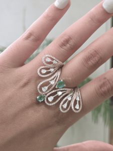 Pear Cut Lab Grown Diamond IGI Certified 2.30 Ct Gold Emerald Accent Openwork Design Prong Set <b>Statement</b> <b>Ring</b> for Women - Product Image 1
