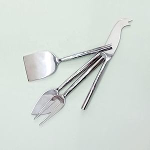 Stainless Steel Silver Blade White Marble Round <b>Plain</b> Handle Cheese Cutting and Spreading Tools Set <b>Mirror</b> Polished - Product Image 2
