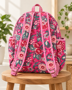 Mochila Acolchada de Algodón con Estampado Floral Rosa, Hecha a Mano, Estilo Boho, para Viaje - Product Image 2