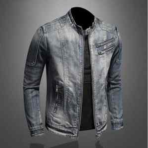 แจ็คเก็ตยีนส์ผู้ชายรุ่นล่าสุด แฟชั่นย้อนยุคสุดเทรนดี้ แจ็คเก็ตซิปคอตั้งลำลอง เท่ห์สไตล์ไบค์เกอร์ เสื้อผ้าแจ็คเก็ตยีนส์ - Product Image 3