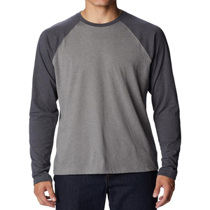 T-shirt à manches longues raglan gris et noir pour homme, col rond, décontracté, coupe oversize, 100 % coton, couleur unie, anti-plis - Product Image 1