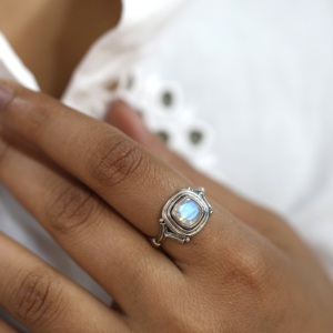 Vintage 925 Silver Rainbow <b>Moonstone</b> Rings Bezel Set Geometric Cushion Cut Natural Crystal Gemstone Unisex Everyday Wear <b>Jewelry</b> - Product Image 2