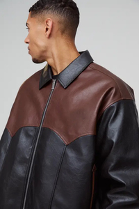 Chaqueta Bomber Western de Cuero Genuino para Hombre, Dos Tonos, Cierre Frontal con Cremallera, Dobladillo Acanalado, Logotipo Personalizado, Hecho a Medida, Precio de Fábrica - Product Image 3