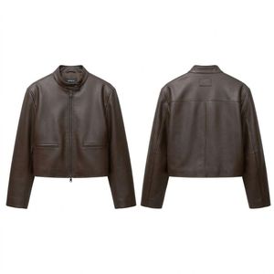 Veste en cuir marron personnalisée pour femme avec fermeture éclair, col classique, deux poches latérales, vêtement d'extérieur décontracté raffiné, mode urbaine - Product Image 3