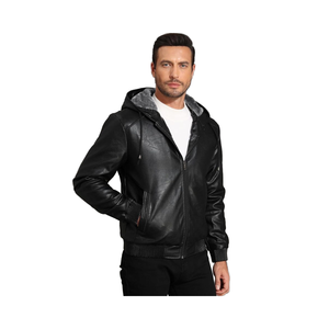 Nouvelle veste à capuche en cuir noir pour hommes veste de moto zippée doublée Sherpa style décontracté avec caractéristiques de la saison d'hiver - Product Image 6