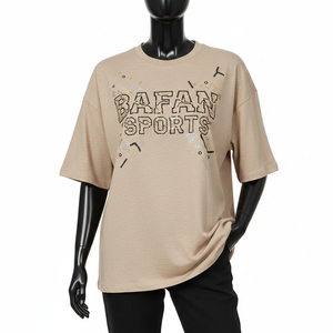 Women Boxy T Shirt Premium Cotton Jersey Sand Beige Oversized Fit Rhinestone <b>Sequin</b> Graphic Print Women Boxy T Shirts Cotton - Product Image 6