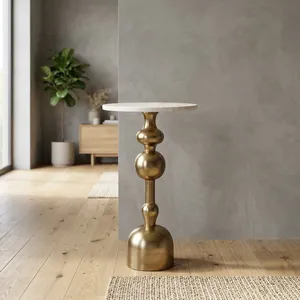 Modern <b>Round</b> White Marble Top <b>Side</b> <b>Table</b> with Sculptural <b>Gold</b> Metal Pedestal Base Luxury Accent Furniture for Contemporary - Product Image 2
