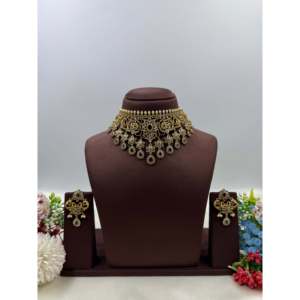 Indian Ethnic Alka Traditional Gold Plated Zircon Choker Necklace & Earring Set for Bridal - Product Image 2