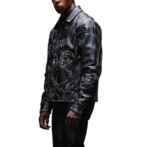 Veste d'hiver en cuir noir surdimensionnée à fermeture éclair, coupe ample, en cuir épais rembourré en coton, entièrement brodée, personnalisée OEM - Product Image 3