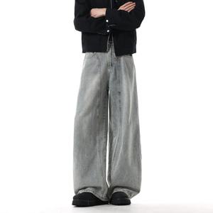 Men's Winter Mid-Waist Cleanfit Retro Washed Denim Pants – Light Blue Distressed Wide Leg Cotton <b>Jeans</b> - Product Image 2
