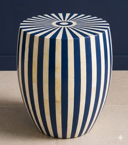 Modern Blue <b>White</b> Striped Wood Bedroom Furniture Side <b>Table</b> Carved Accent Stool Living Room Kitchen Nightstand - Product Image 4