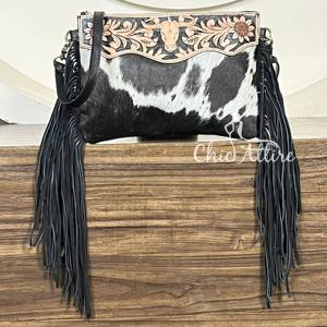 New 2026 Premium Genuine Leather Cowhide Crossbody Fringe <b>Bag</b> Hand Tooled Floral & Bull Shoulder Purse Hair On Hide Wholesale - Product Image 1