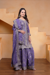 Coding <b>Sequin</b> Chinon Silk Short Top Ultra <b>Flared</b> Palazzo Pack Matching Dupatta Three Piece Indian Party Wear Suit - Product Image 3