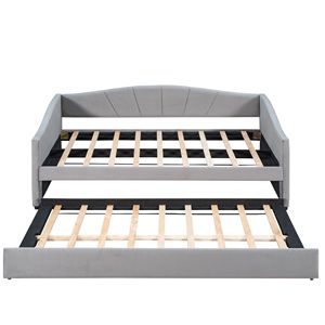 Divano letto imbottito a una piazza e mezza con letto estraibile, grigio, con doghe in legno, stile contemporaneo - Product Image 4