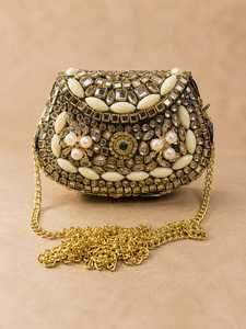 Rhinestone Pearl Evening <b>Clutch</b> Purse with Velvet Lining and Flap Closure Metallic Chain for <b>Wedding</b> Party - Product Image 1