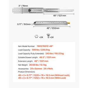 1 Paio di Guide per Cassetti a Estensione Totale da 48 Pollici, Capacità di Carico 500 Libbre, con Cuscinetti a Sfera e Blocco Laterale - Product Image 6