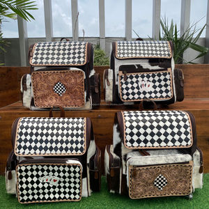 Mochila de viaje de gran capacidad a cuadros de alta calidad para mujer de diseñador, mochila de cuero de vaca con cremallera para mujer - Product Image 4