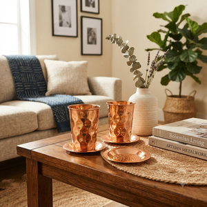 Ensemble de gobelets en cuivre martelé avec sous-verres en cuivre, verres à boire ayurvédiques faits à la main pour l'eau, le jus, le whisky, le bar, la maison, l'hôtel - Product Image 3