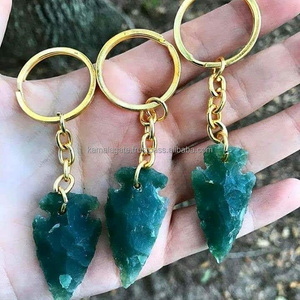 พวงกุญแจหัวลูกศรมอสอาเกตธรรมชาติทำมือฮวงจุ้ยสีทองแกะสลักพลอยสำหรับตกแต่งหรือสะสม - Product Image 1