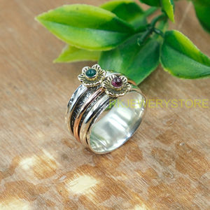 Green Onyx and Red Garnet <b>Spinner</b> <b>Ring</b> Thumb <b>Ring</b> 925 Sterling <b>Silver</b> Handmade Hammered <b>Ring</b> With Brass And Copper Jewelry - Product Image 2