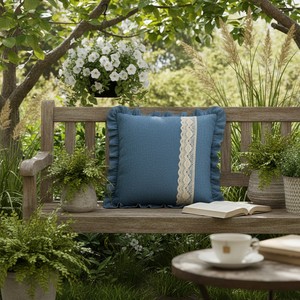Denim <b>Square</b> Cushion Cover with Floral Lace Handmade Luxury Living Indian Manufacturer - Product Image 2
