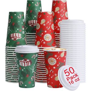 Confezione da 50 Bicchieri di Natale da 470 ml Monouso con Coperchio per Bevande Calde e Fredde da Asporto - Edizione Natalizia - Product Image 1